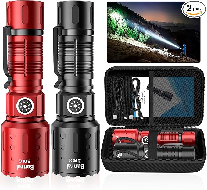 Rechargeable Flashlights 20,000 High Lumens, 1500M Long Throw Super Bright LED Small Powerful Flashlight with Memory Function, 6Modes Pocket Waterproof Flash Light for Camping,Hiking (2, Black/Red)