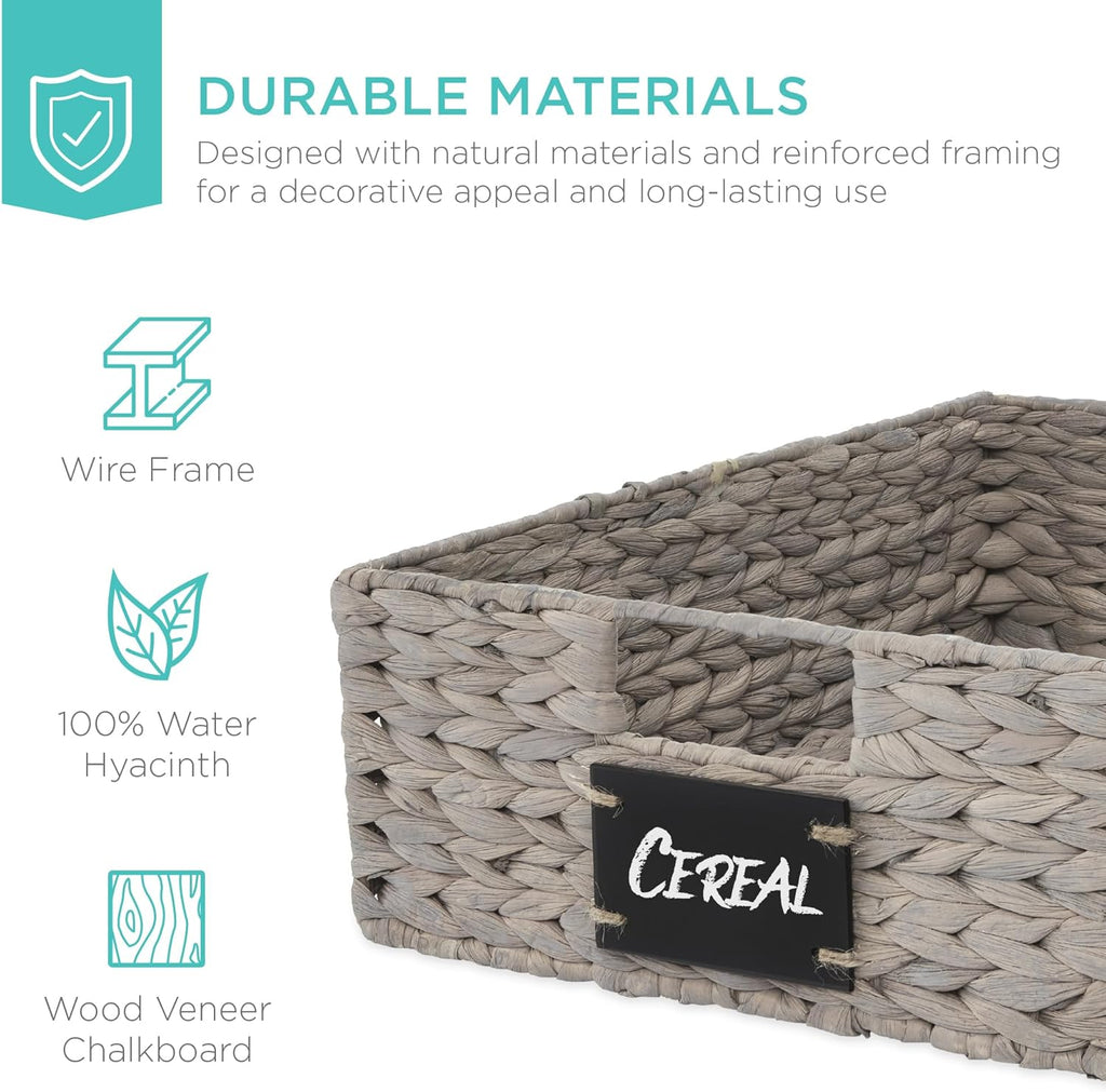 Best Choice Products Set of 4 16x12in Large Water Hyacinth Pantry Baskets, Woven Organizers w/Chalkboard Label, Chalk Marker - Gray