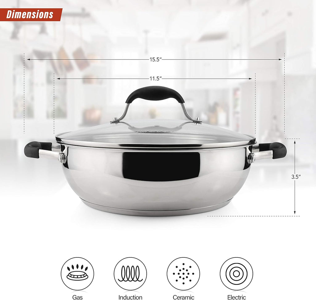 AVACRAFT 18/10 Stainless Steel Everyday Pan with Five-Ply Base, Stir Fry Chef’s Saute Pan with Glass Lid, Multipurpose Stewpot Skillet, Casserole in Pots (11 Inch)