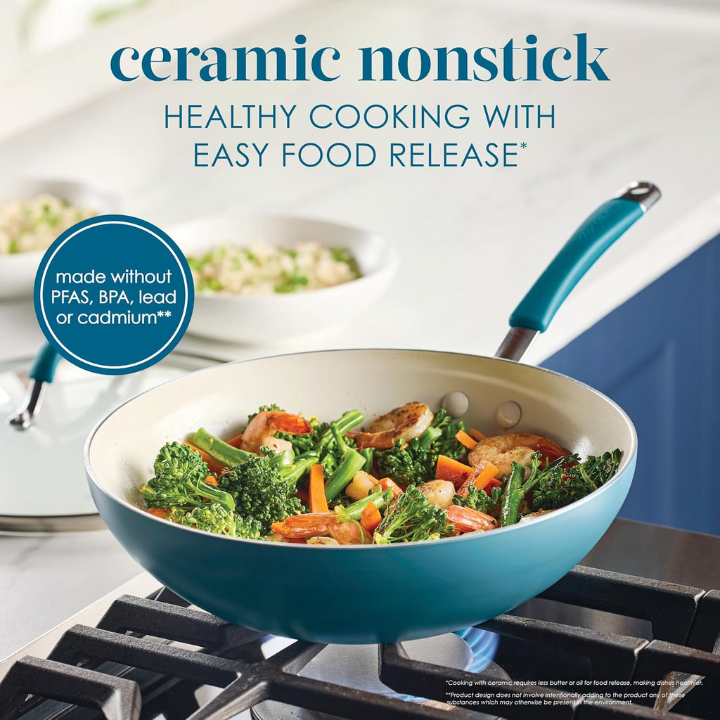 Rachael Ray Cucina Ceramic Nonstick Stir Fry Pan and Lid, 11 Inch Non Stick Wok Pan, Dishwasher Safe - Marine Blue