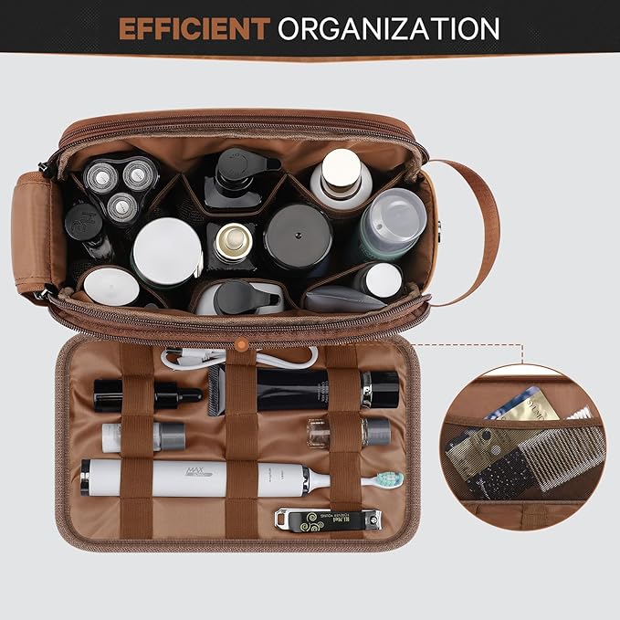 Toiletry Bag for Men, Travel Toiletry Bag Travel Essentials, Dopp Kit Water-resistant Shaving Bag, Bathroom Bag Toiletries Organizer, Brown(PU Leather)