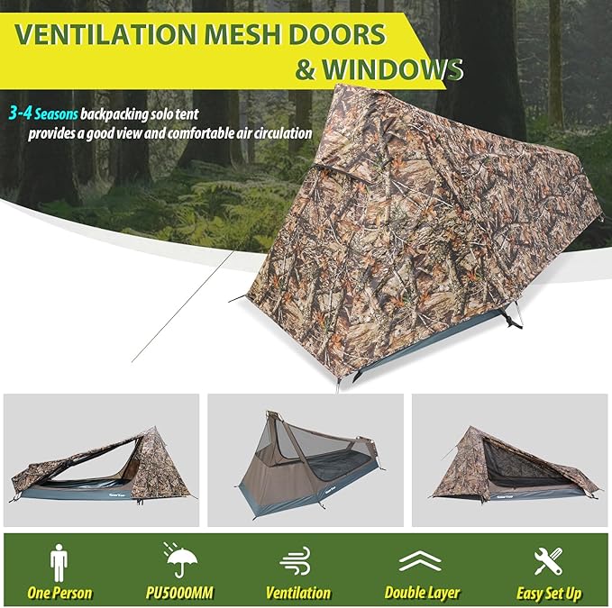 GEERTOP Ultralight Bivy Tent for 1 Person 3 Season Waterproof Single Person Backpacking Tent for Camping Hiking Backpack Travel Outdoor Survival Gear