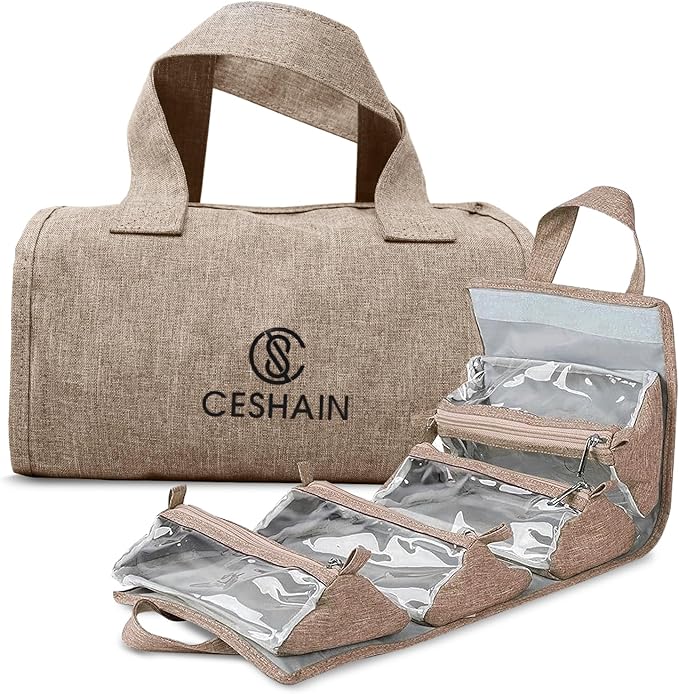 4-in-1 Hanging Toiletry bag - Roll-Up Makeup Bag - 4 Detachable PVC Zip Pouches – 600D Oxford Fabric, Versatile Travel Toiletry Organizer Bag - Makeup, Cosmetics, First Aid, Medicine Personal Care,