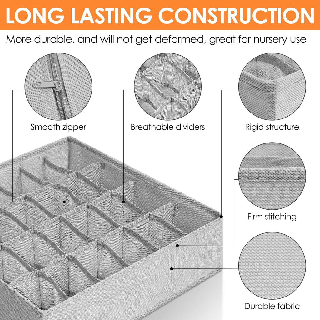 6 Pack Sock Underwear Drawer Organizer Dividers, 58 Cell Foldable Fabric Dresser Closet Organizers and Storage Bins for Clothing, Baby Clothes, Bra, Panty, Scarf, Ties (Grey)