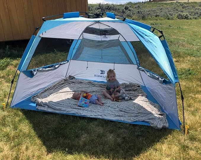 G4Free Easy Set up Beach Tent Deluxe XL, Pop up Sun Shelter for 3-4 Persons with UPF 50+ Protection Beach Shade with Extended Floor