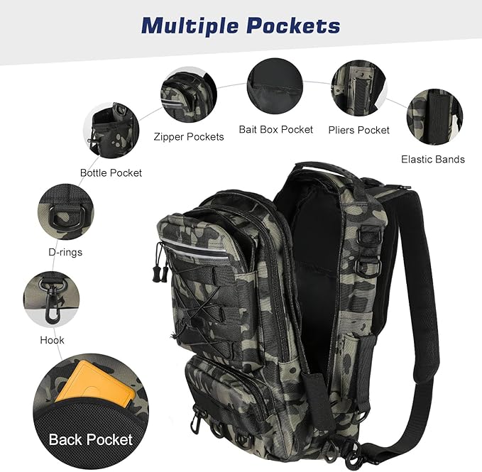 MoKo Fishing Backpack Sling Bag with Rod & Gear Holder, Nylon Waterproof Fishing Tackle Storage Bag for Fishing