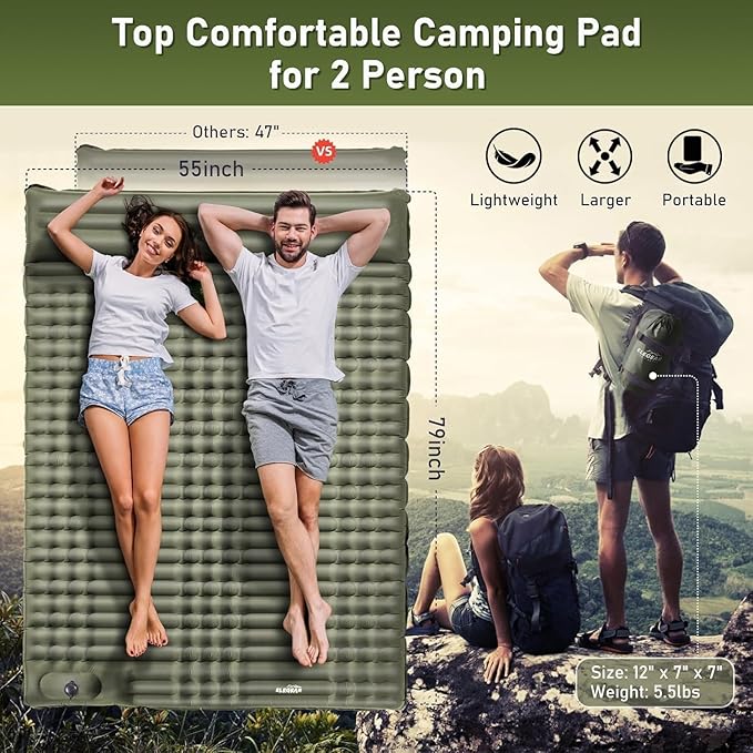 Elegear Double Sleeping Pad for Camping, 4" Ultra-Thick Self Inflating Camping Pad 2 Person with Pillow Built-in Foot Pump, Portable Camping Sleeping Mat for Backpacking, Hiking, Tent(Army Green Full)