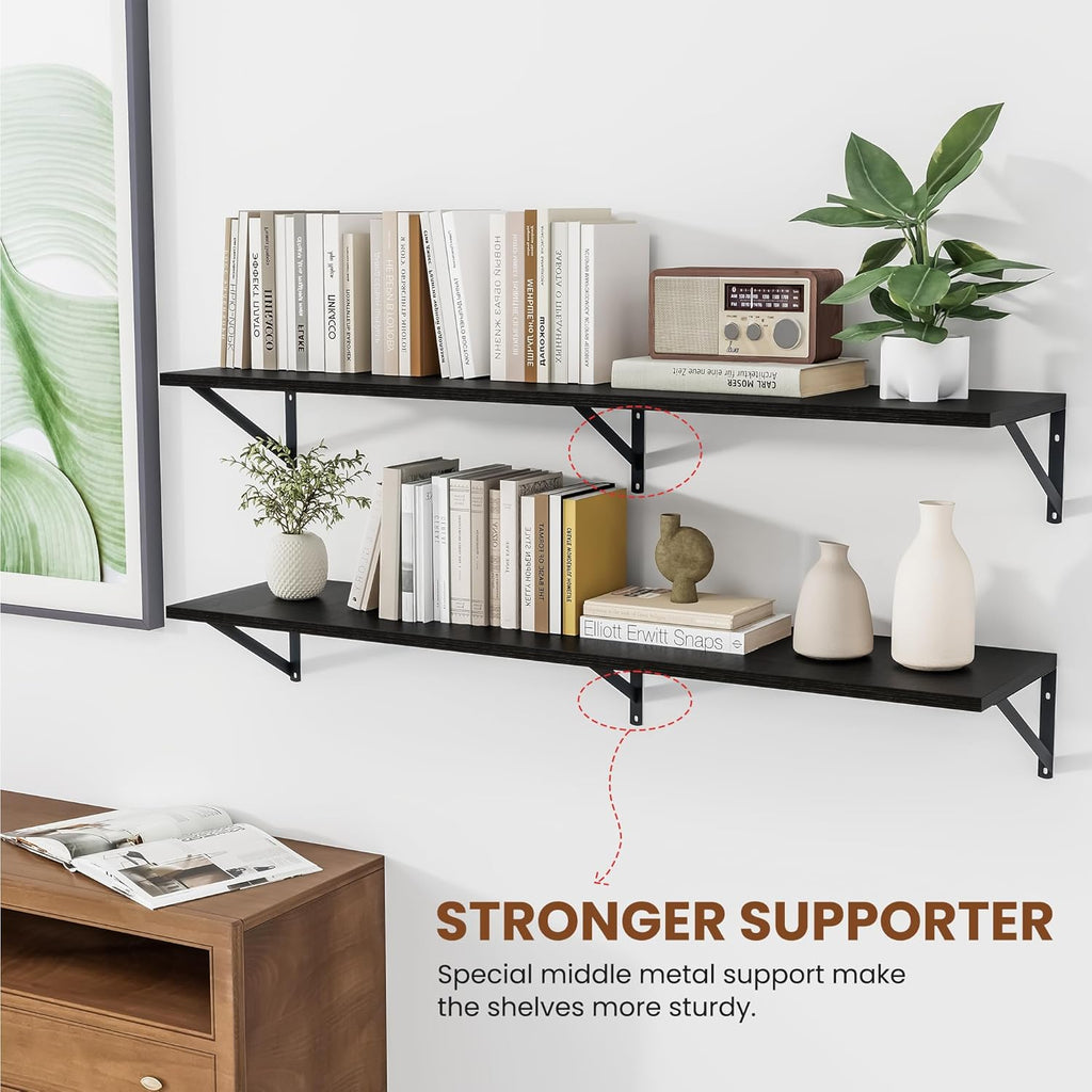Heimlove Black Deep Floating Shelves for Wall, 48W x 12D Wood Wall Shelves Set of 2, Wide Floating Bookshelf for Living Room, Kitchen, Office, Bedroom and Decor Storage, with Metal Bracket - Black