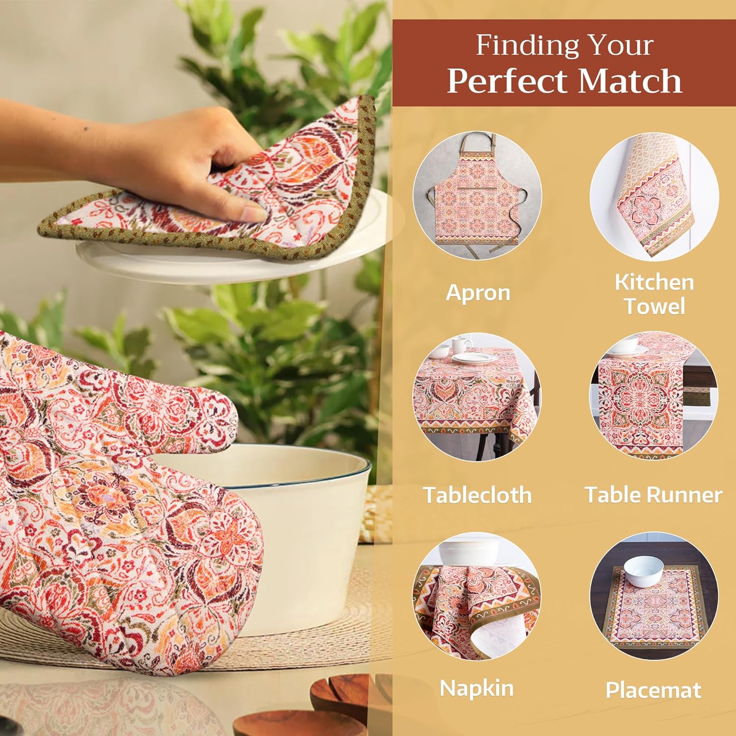 Maison d' Hermine Oven Gloves 100% Cotton Oven Mitt 7" x 13" with Loop Heat Resistant, BBQ, Cooking Gloves, Baking, Grilling, Kitchen, Handling Hot Pans (Pack of 1, Damask)