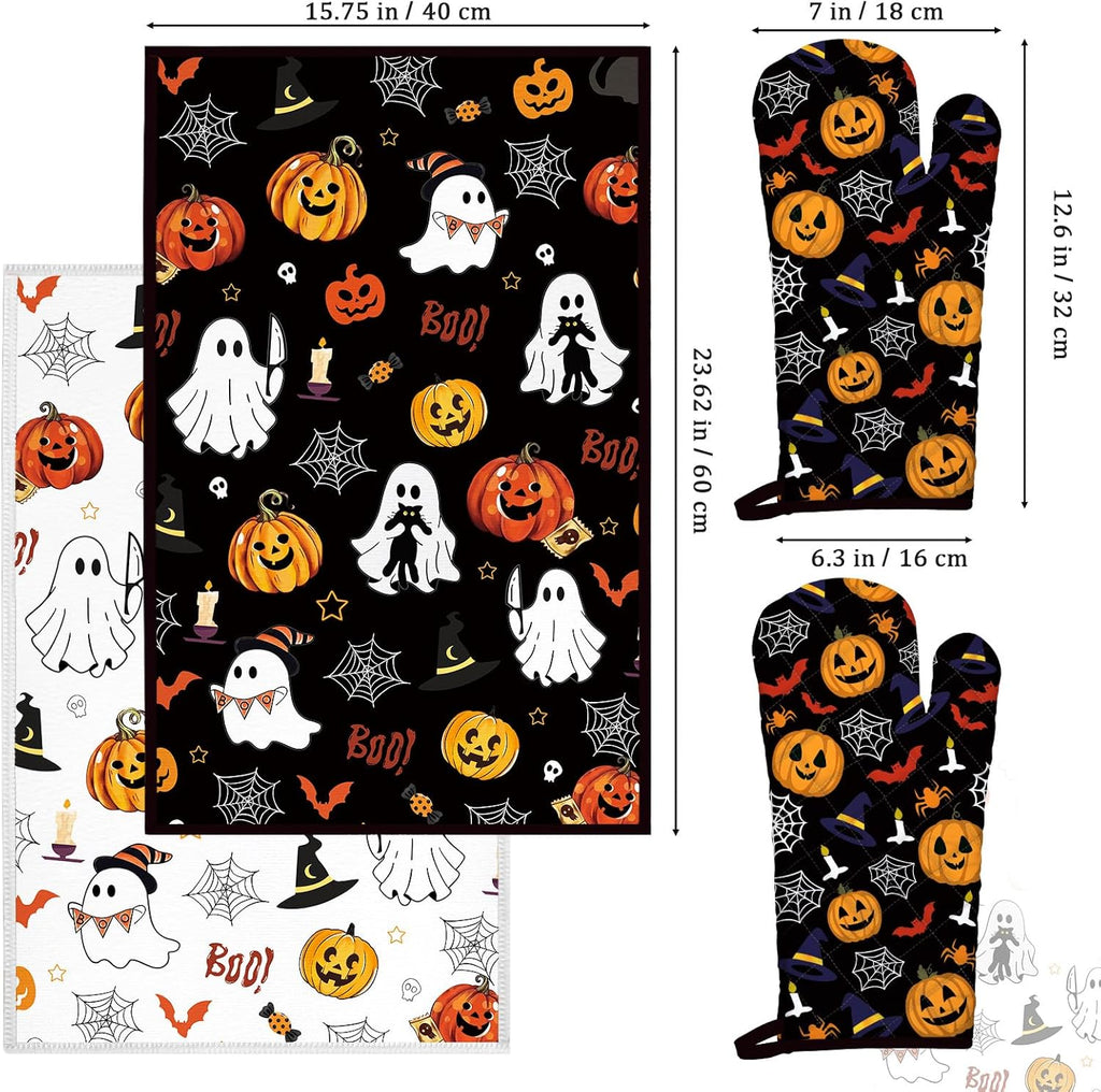 Halloween Pumpkin Kitchen Towels and Oven Mitts Set 4Pcs, Soft Absorbent Dish Cloth Heat Resistant Oven Gloves for Cooking Baking Kitchen Decoration, Gifts for Her
