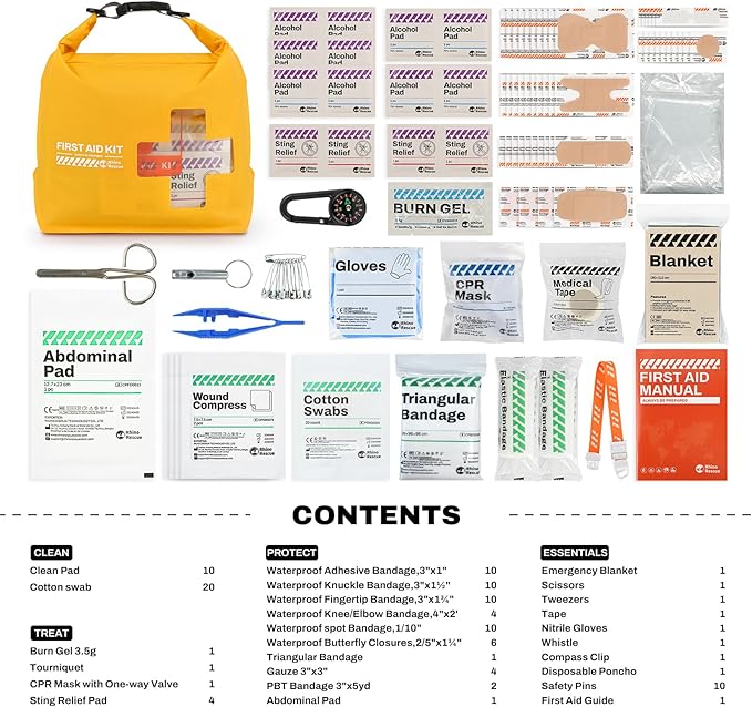 RHINO RESCUE Waterproof First Aid Kit, Lightweight Boat Dry Bag, Emergency Survival Supplies for Outdoor Kayak Floating Swimming & Camping FSA HSA Eligible (Yellow)