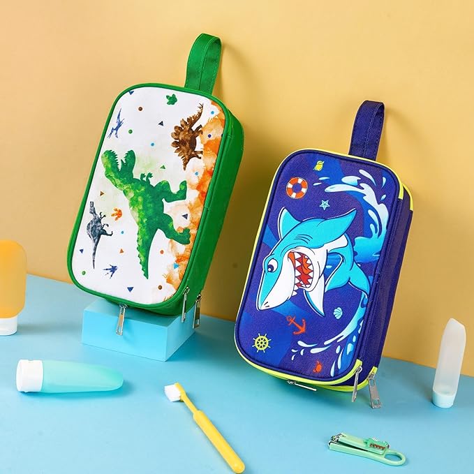 Dinosaur Toiletry Bag - Travel Toiletry Bag for Boys Kids Christmas Birthday Gift Toiletries Makeup Cosmetic Pouch Camping Traveling Toiletry Case Water-resistant Wash Bag Dopp Kit with Mesh Pocket