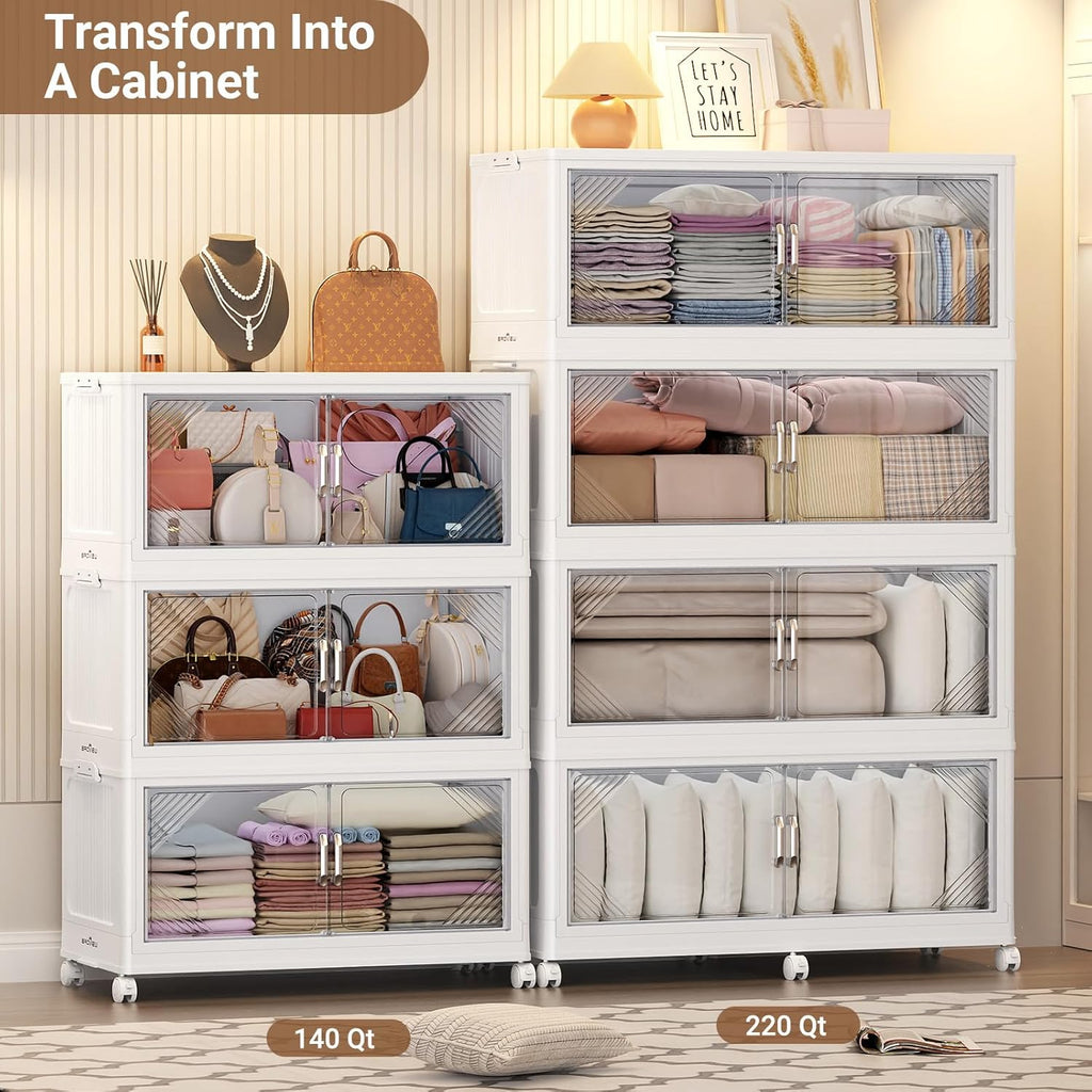 105Gal Plastic Stackable Storage Bins with Lid, 420QT Extra Large Closet Organizers Collapsible Cabinets Boxes With Drawers, Foldable Containers with 4x Wheels for Home Kitchen, V60 3Pack White