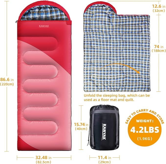 Camping Sleeping Bag, 32℉ Sleeping Bags for Adults Kids Teens Cold Weather Warm Sleeping Bag Winter for 3-4 Season Camping, Camping Gear Equipment, Traveling, and Outdoors