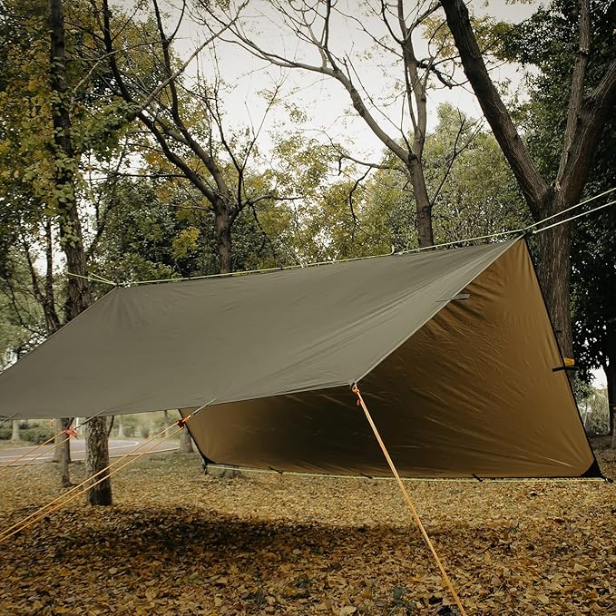 Waterproof Camping Tarp，70D Nylon 10X13.2ft Hammock Rain Fly ，UV 50+ and PU15000mm Tent Tarp Shelter Canopy，Heavy Duty Multifunctional Sun Shade or Rain Fly Essentials for Hiking (120''X120'')