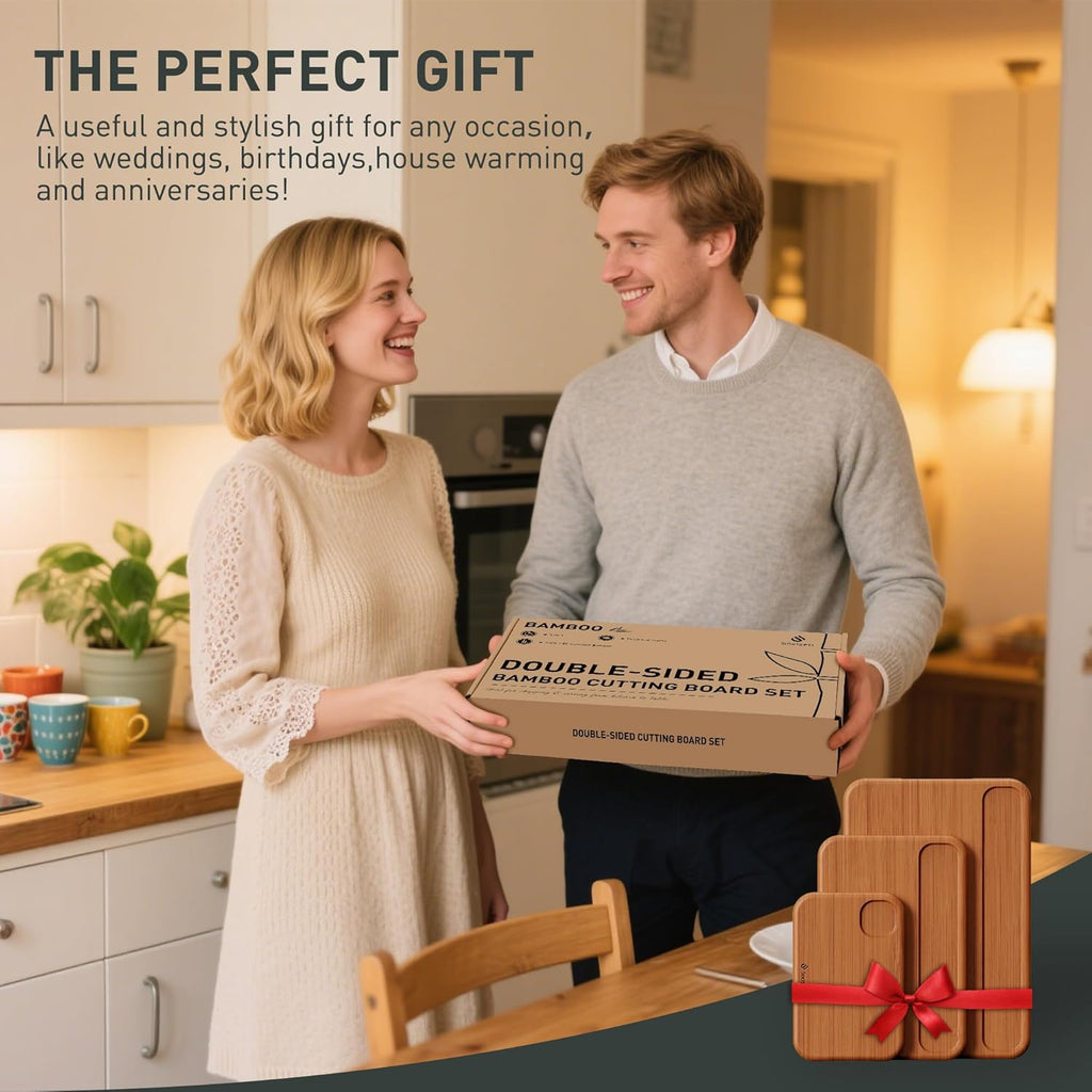 3 Packs Bamboo Cutting Board Set Non Toxic Wood Cutting Boards for Kitchen Nice Solid Thick Wood Juice Groove Chopping Board Extra Large Big Small Best Charcuterie Board for Organic Vegetable Meat