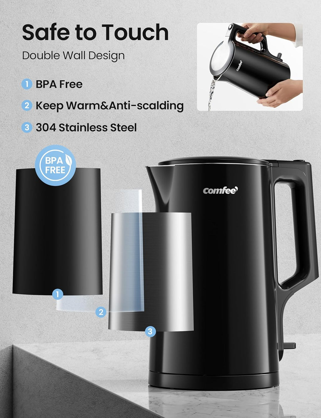 COMFEE' 1.7L Double Wall Electric Tea Kettle and Kettle Water Boiler, 100% Stainless Steel Interior & Lid & Spout, Two-Level Wide Open Lid, 1500W Fast Boiling, Auto-Off and Boil-Dry Protection