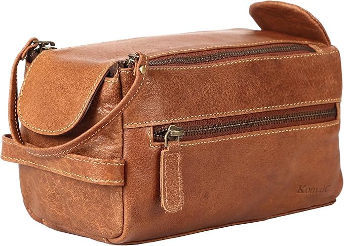 KomalC Premium Buffalo Leather Unisex Toiletry Bag Travel Dopp Kit