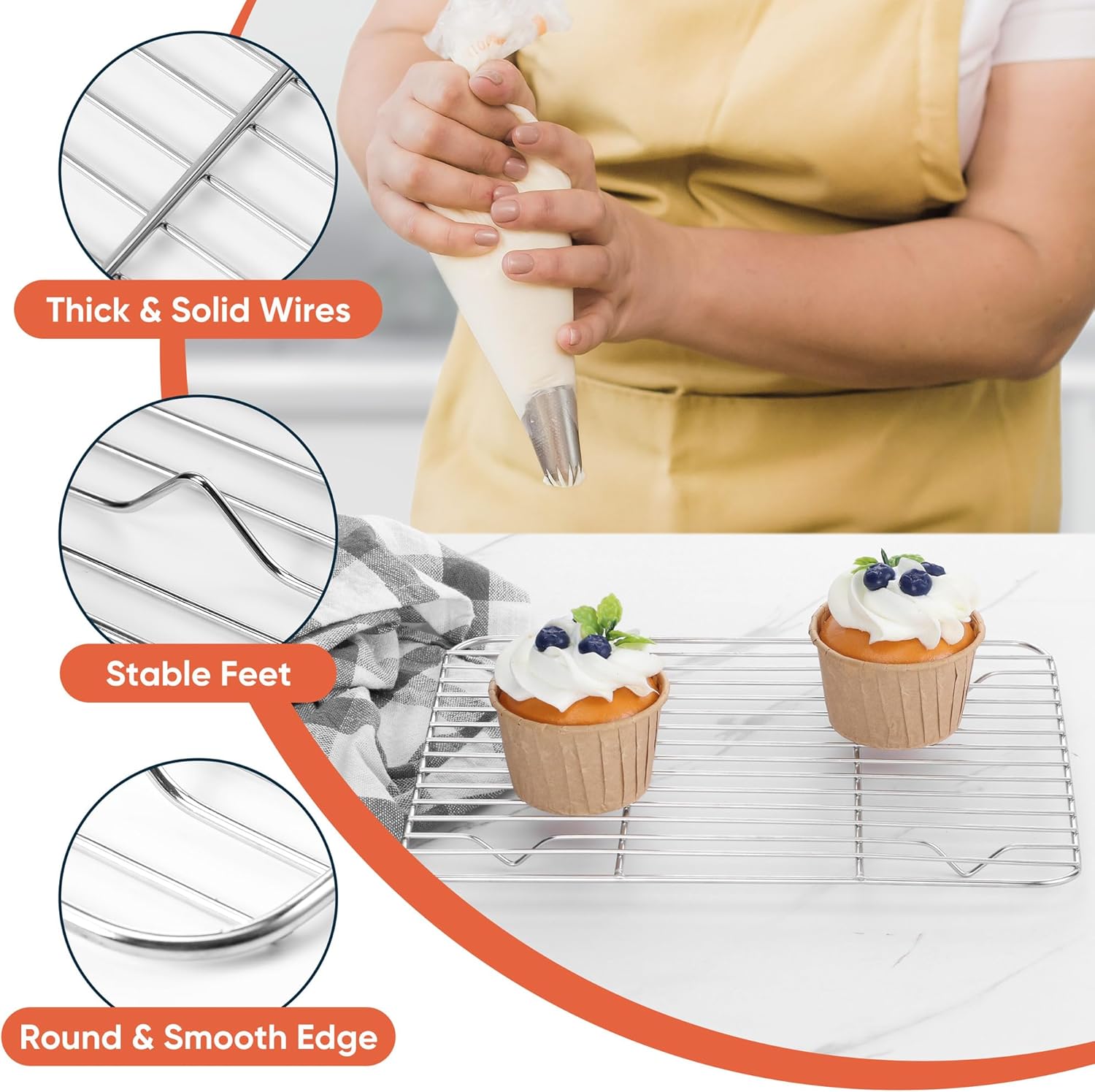 2 Pack Small Baking Cooling Racks, Homikit 9.7 * 7.5 Inch Stainless Steel Wire Rack for Cooking Roasting Grilling, Fit for Toaster Oven Pan, Non-toxic & Heavy-Duty