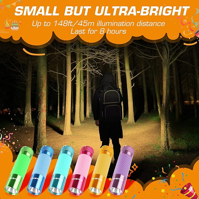 EverBrite 6-Pack Mini Flashlights, Glow in Dark Flashlights, Aluminum LED Flashlights Party Favors Assorted Colors for Camping, Hiking, Indoor, 18XAAA Batteries Included