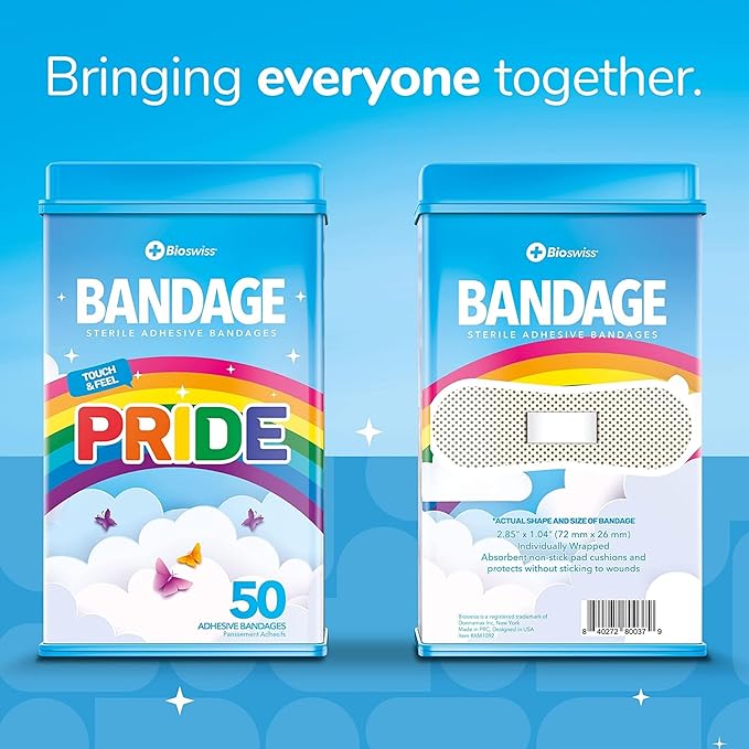 BioSwiss Bandages, Rainbow Pride Shaped Self Adhesive Bandage, Latex Free Sterile Wound Care, Fun First Aid Kit Supplies, 50 Count