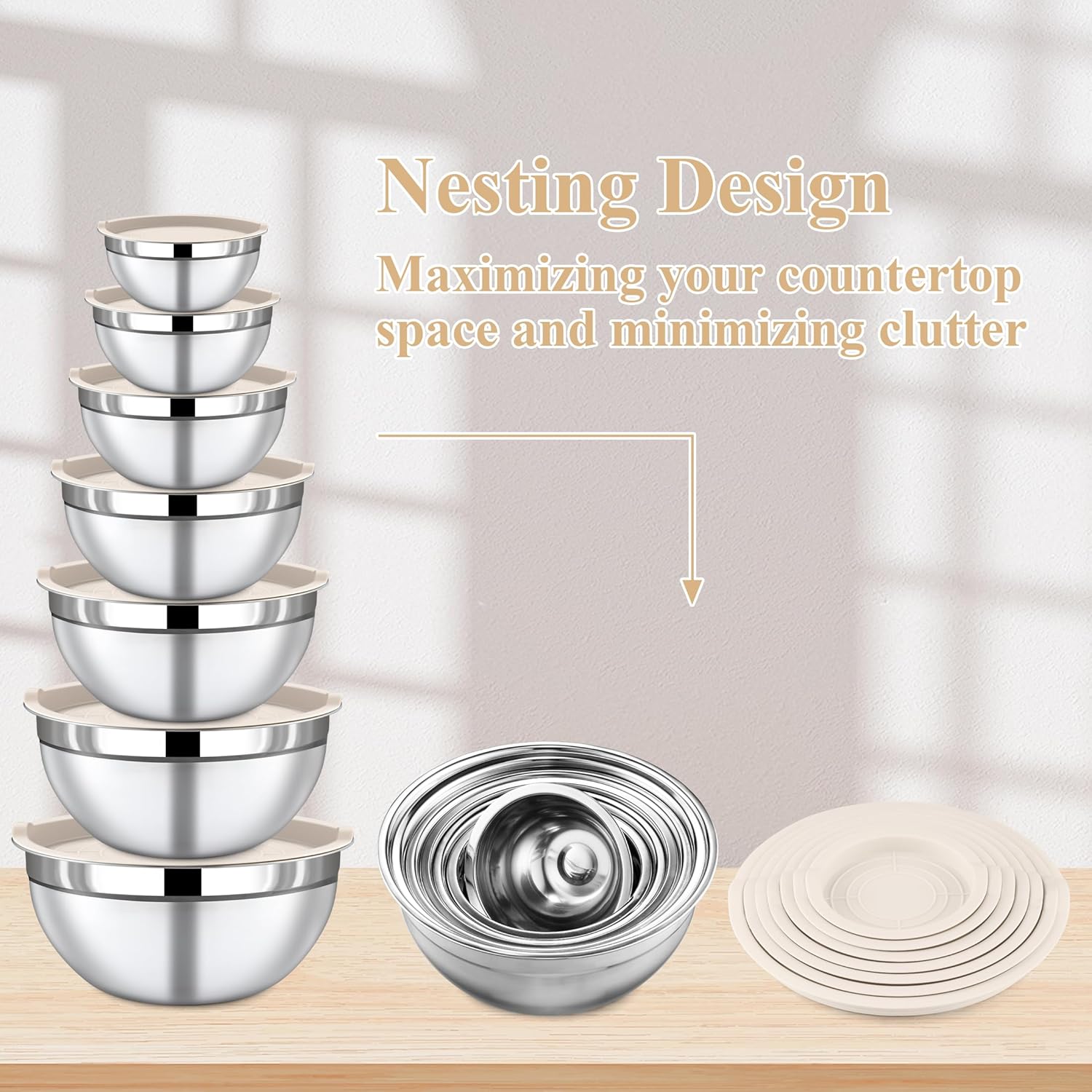 Mixing Bowls with Lids Set - 7 Piece Khaki Nesting Stainless Steel Mixing Bowls for Kitchen, Sizes 4.5, 4, 3.5, 2.1, 1.5, 1.1, 0.7 Qt for Baking, Cooking and Serving, Dishwasher Safe