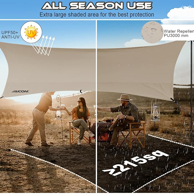 Camping Tarp, 14 X 12FT Tarp with 2 Poles, Waterproof & Lightweight Tent Tarp Car Awning, UV UPF50+ Rain Fly Sun Shelter Can Used with Hammock in Outdoor, Garden and Backpacking