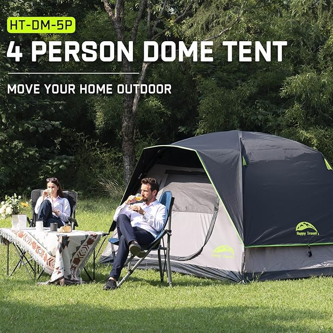 Happy Travel Camping Tent, 4 Person Dome Tents for Camping with Rainfly, Waterproof Clip Easy Setup Portable Family Tent with Mesh Windows, 20% More Headroom Backpacking Tents for Camping & Hiking