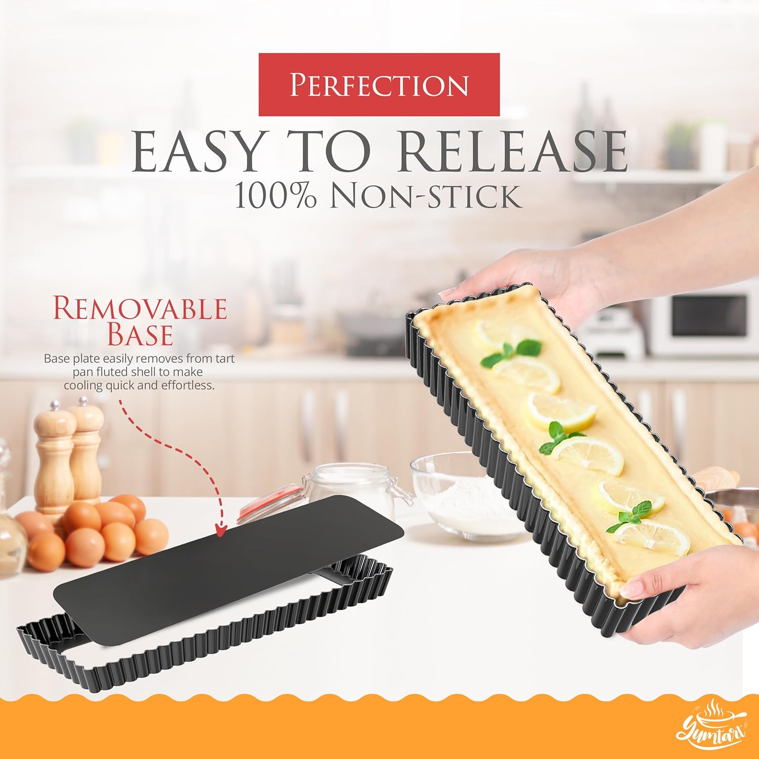 14 Inch Rectangular Tart Pan with Removable Bottom - Non-Stick, Deep Fluted for Tarts, Quiches, and Pies