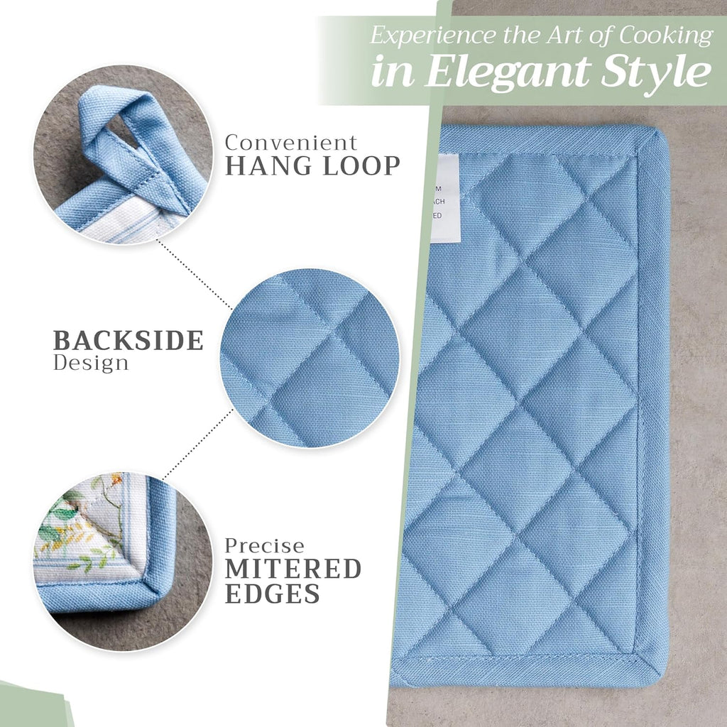 Maison d' Hermine Pot Holders Set 100% Cotton Heat Resistant Potholders 8" x 8" Hot Pads with Loop BBQ, Cooking, Baking, Grilling, Kitchen, Handling Hot Pans Spring/Summer (Pack of 2, Fleurs De Mai)
