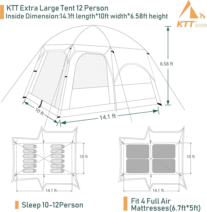 KTT Extra Large Tent 10-12-14 Person(A),Family Cabin Tents,2 Rooms,3 Doors and 3 Windows with Mesh,Straight Wall,Waterproof,Double Layer,Big Tent for Outdoor,Picnic,Camping,Family Gathering