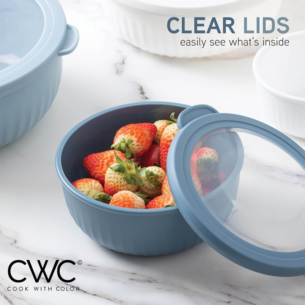 COOK WITH COLOR Prep Bowls with Lids- Wide and Deep Nesting Plastic Small Mixing Bowl Set with Lids, 8 Piece Set - Wide Bowls, Blue/Grey