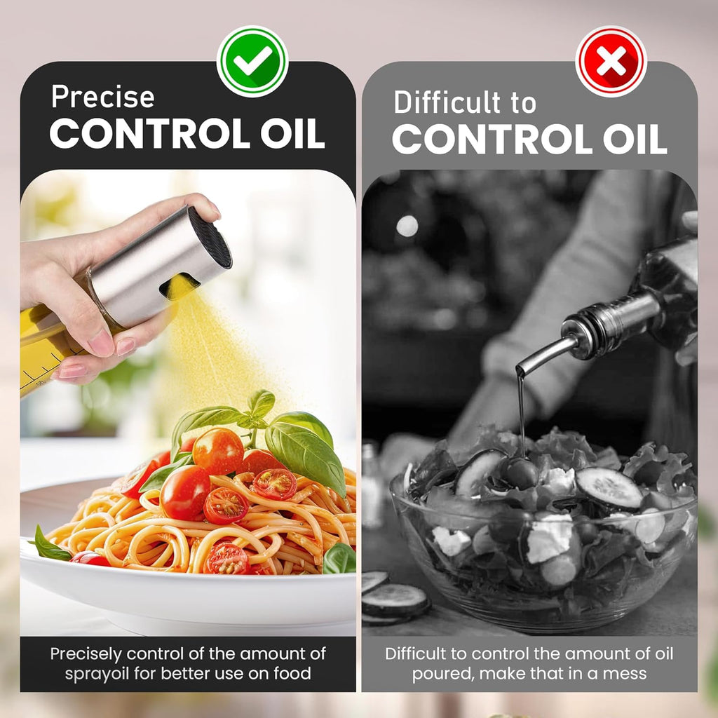 Oil Sprayer for Cooking - 2 x 100ml Sprayers, Clear Transparent Glass Bottles, Food Grade, Refillable, Multi Purpose Oil Mister with Non Slip Cap, Oil Funnel & Silicone Brush