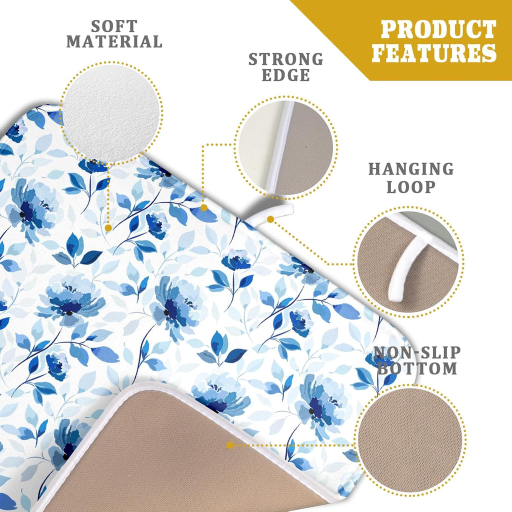 Blue Floral Dish Drying Mat 16x18 inch Flower Leaves Dish Rack Pad Microfiber Washable Dishes Drainer Pad Kitchen Countertop Accessories