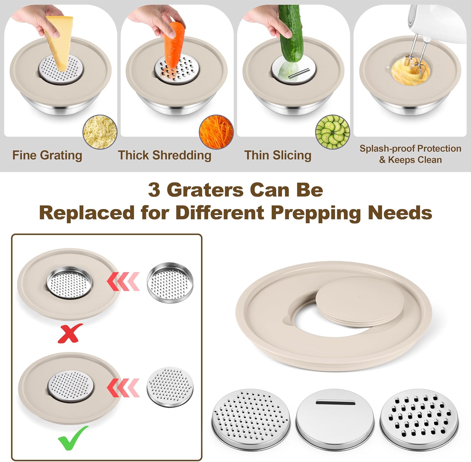 TeamFar Mixing Bowls, Stainless Steel Nesting Salad Bowl with Lids & 3 Graters, For Kitchen Cooking Serving Prepping, Airtight & Non-Slip, Size 4.6/3.5/2/1.5/1/0.7 QT, Set of 5 & Khaki