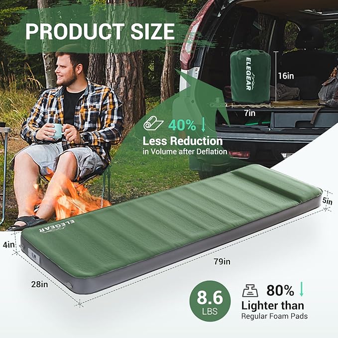 Elegear Air & Foam Self Inflating Sleeping Pad, Built-in Electric Pump 4" Ultra-Thick Memory Foam Camping Mattress with Pillow Camping Pad 4-Season R-Value 9.5 Camp Mat for Car/Traveling - Single