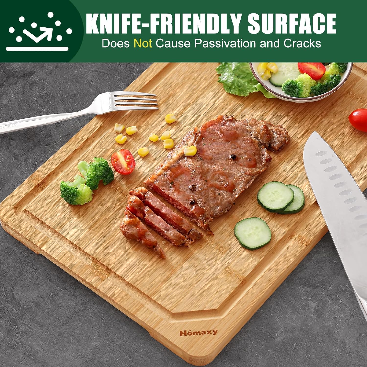 Homaxy Organic Bamboo Cutting Boards for Kitchen, 15"x10" Wooden Medium Cutting Board with Juice Groove and Handles, Charcuterie Butcher Block Wood Serving & Chopping Board - Pre Oiled