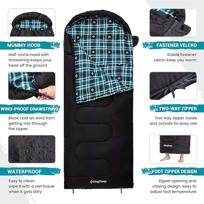 KingCamp Sleeping Bag for Adults, Cold Weather & Warm XL Big and Tall Flannel Sleeping Bags with Compression Sack Portable Waterproof Essentials Gear Accessories for Outdoor Camping