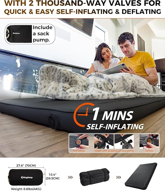 KingCamp Double Sleeping Pad, 2 Person Queen R 7.9 Self Inflating Sleeping Pad, 3" Ultra Thick Full Size Foam Mattress Mat with Pump Sack for Camping Outdoor Tent Car, PVC Free (Black)