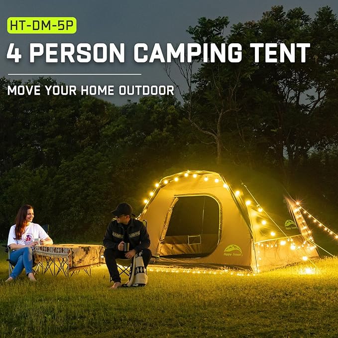 Happy Travel Camping Tent, 4 Person Dome Tents for Camping with Rainfly, Waterproof Clip Easy Setup Portable Family Tent with Mesh Windows, 20% More Headroom Backpacking Tents for Camping & Hiking
