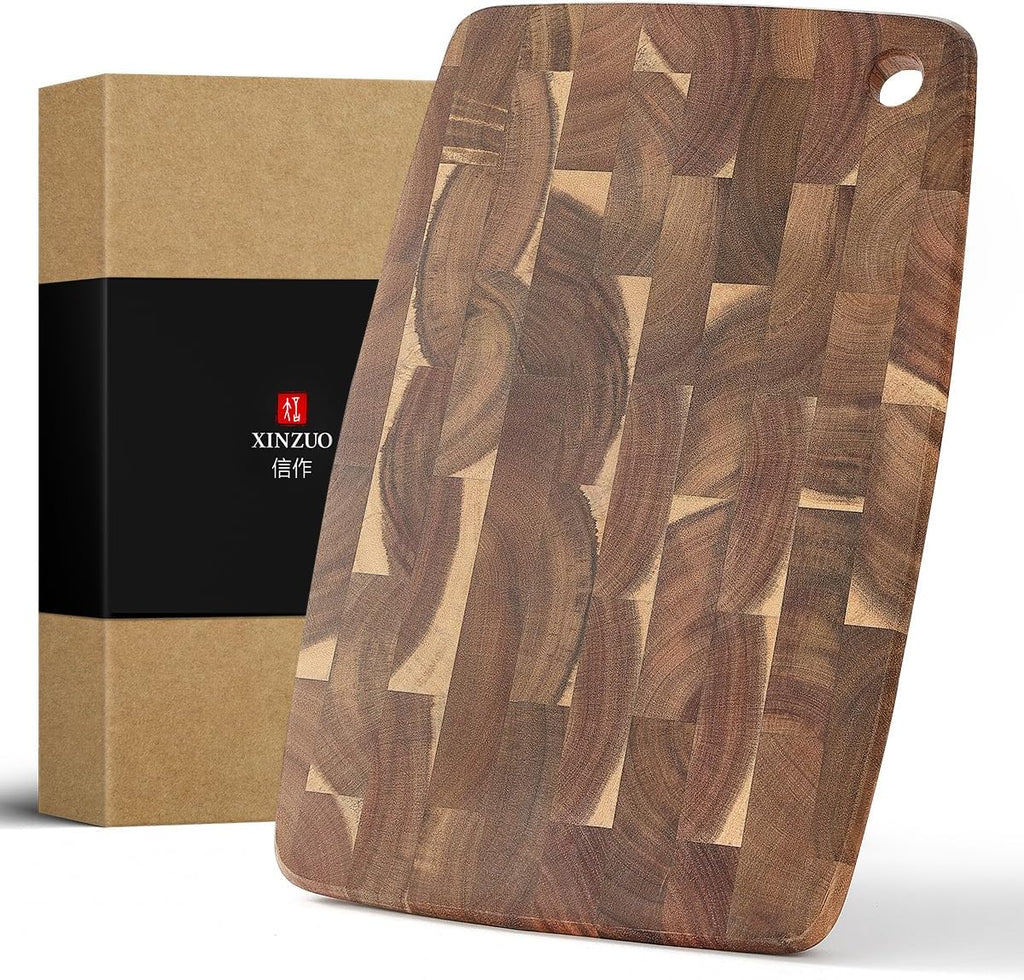 XINZUO Small Acacia Wood End-Grain Kitchen Cutting and Serving Board, for Kitchen, 14" x 9" Reversible Wooden Chopping Board for Meat, Cheese, Fruit & Vegetables,Easy to Clean(Rectangular)