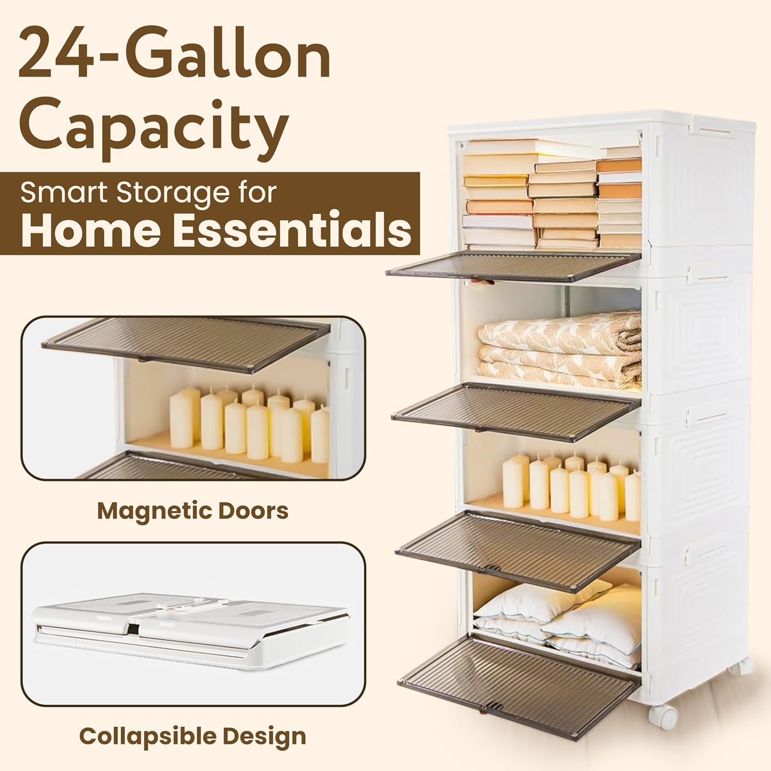 Quik Box Sport 4-Tier Stackable Storage Organizer - 24 Gallon Capacity Collapsible Bins with Magnetic Doors, Space-Saving Vertical Storage for Bedroom, Closet, Dorm Organization