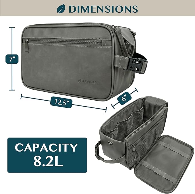 PAVILIA Toiletry Bag for Men, Travel Essentials Shaving Dopp Kit, Mens Travel Bag Toiletries Organizer Case for Grooming, PU Leather Water Resistant Cosmetic Bag Pouch (XL, Dark Grey)