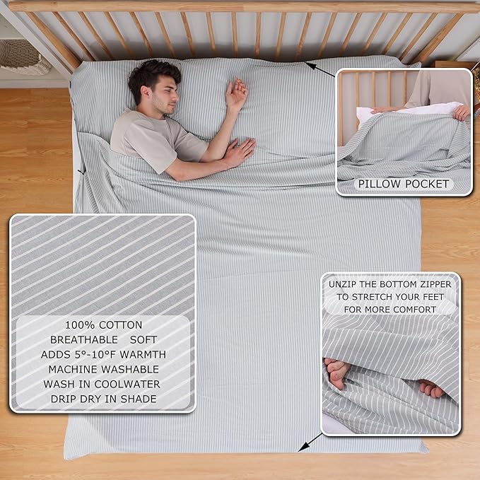 100% Cotton Sleeping Bag Liner with Full Length Zipper on 3 Sides; Single/Double Adult Sleep Sack for Travel & Camping, Multifunctional Travel Sheets (Unzipped 87”x87”) for Hotel, Lightweight
