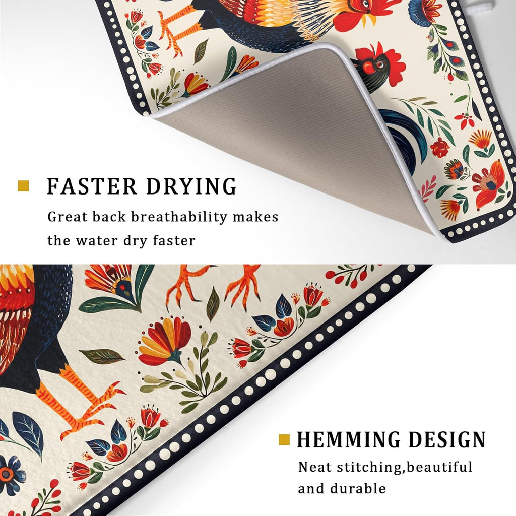 Rooster Poultry Dish Drying Mat for Kitchen Counter 18x24 Inch Microfiber Absorbent Colorful Printing Drying Pad
