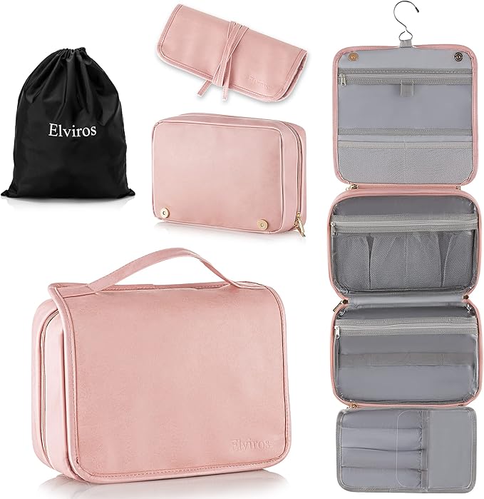 Elviros Hanging Travel Toiletry Bag for Women, 3-in-1 Large Makeup Bag and Cosmetic Organizer, Vegan Leather Waterproof Skincare Case for Travel Size Toiletries and Accessories