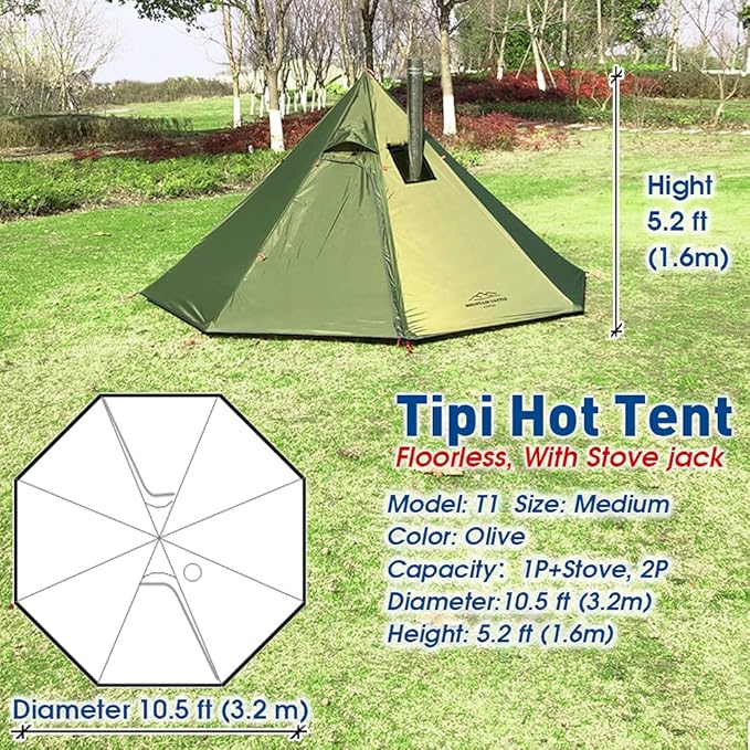 PRESELF 3 Person Lightweight Tipi Hot Tent with Fire Retardant Flue Pipes Window Teepee Tents for Family Team Outdoor Backpacking Camping Hiking