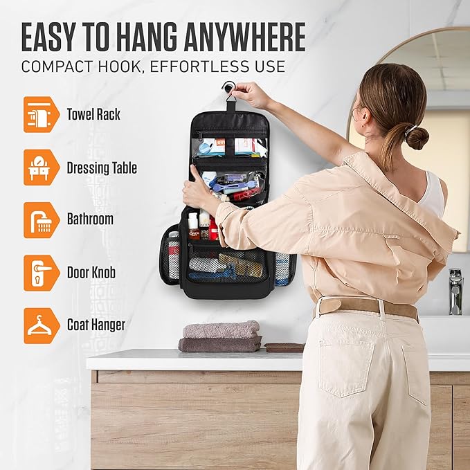 VENTURE 4TH Hanging Travel Toiletry Bag for Women & Men - Travel Organizer with Expandable Compartments & Removable Clear Pouch for Toiletries (Black)