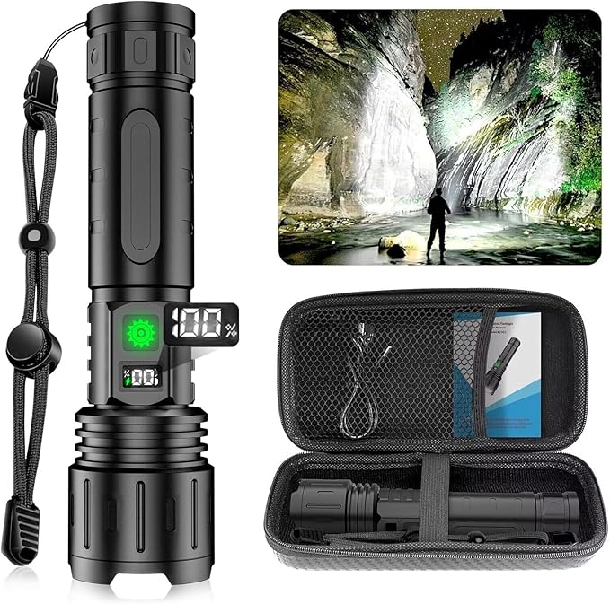 Rechargeable LED Flashlights High Lumens,100000 Lumens & 1500 Meters Super Bright Rechargeable Tactical Flashlight with 5 Modes,Waterproof,Powerful Handheld Flash Light for Camping