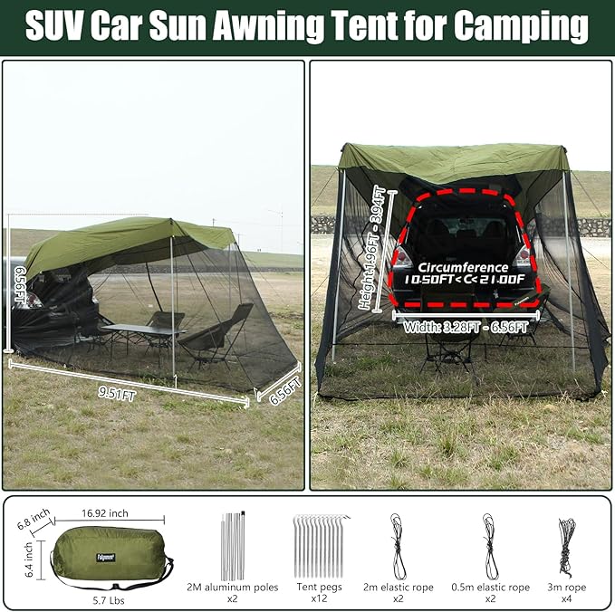 SUV Tailgate Tent - Car Awning with Mosquito Net, Ventilation & Airflow Design - 9.5FT X 6.5FT X 6.5FT (LxWxH) Army Green